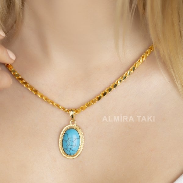 Firuze Taşlı Pullu Zincirli Kolye