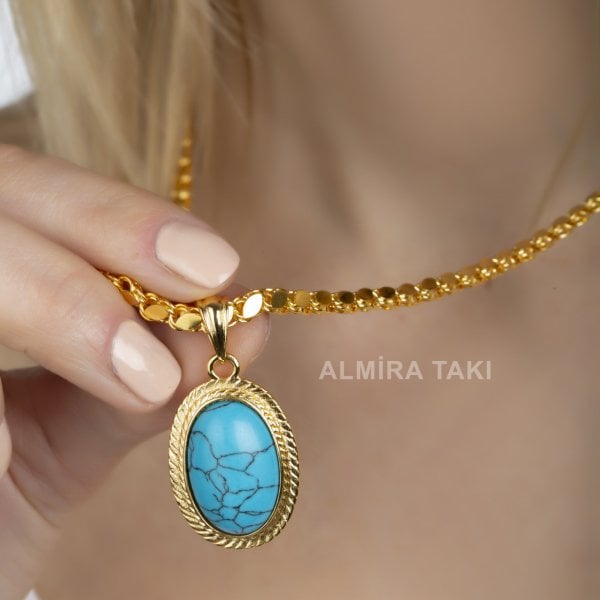 Firuze Taşlı Pullu Zincirli Kolye